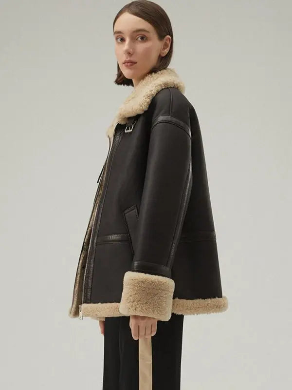 Women's Brown Shearling Leather Jacket in Matte Black - Stylish and Cozy