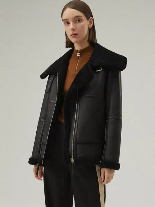 Women's Matte Black Shearling Leather Jacket - Sleek and Stylish