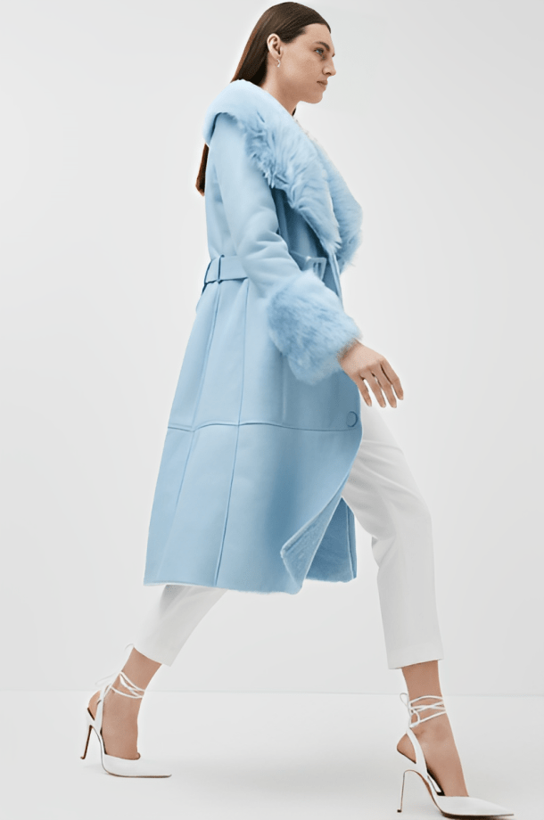 Women's Sky Blue Shearling Leather Trench Coat with Elegant Design