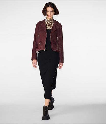 Women's Maroon Suede Leather Biker Jacket – Stylish & Sophisticated