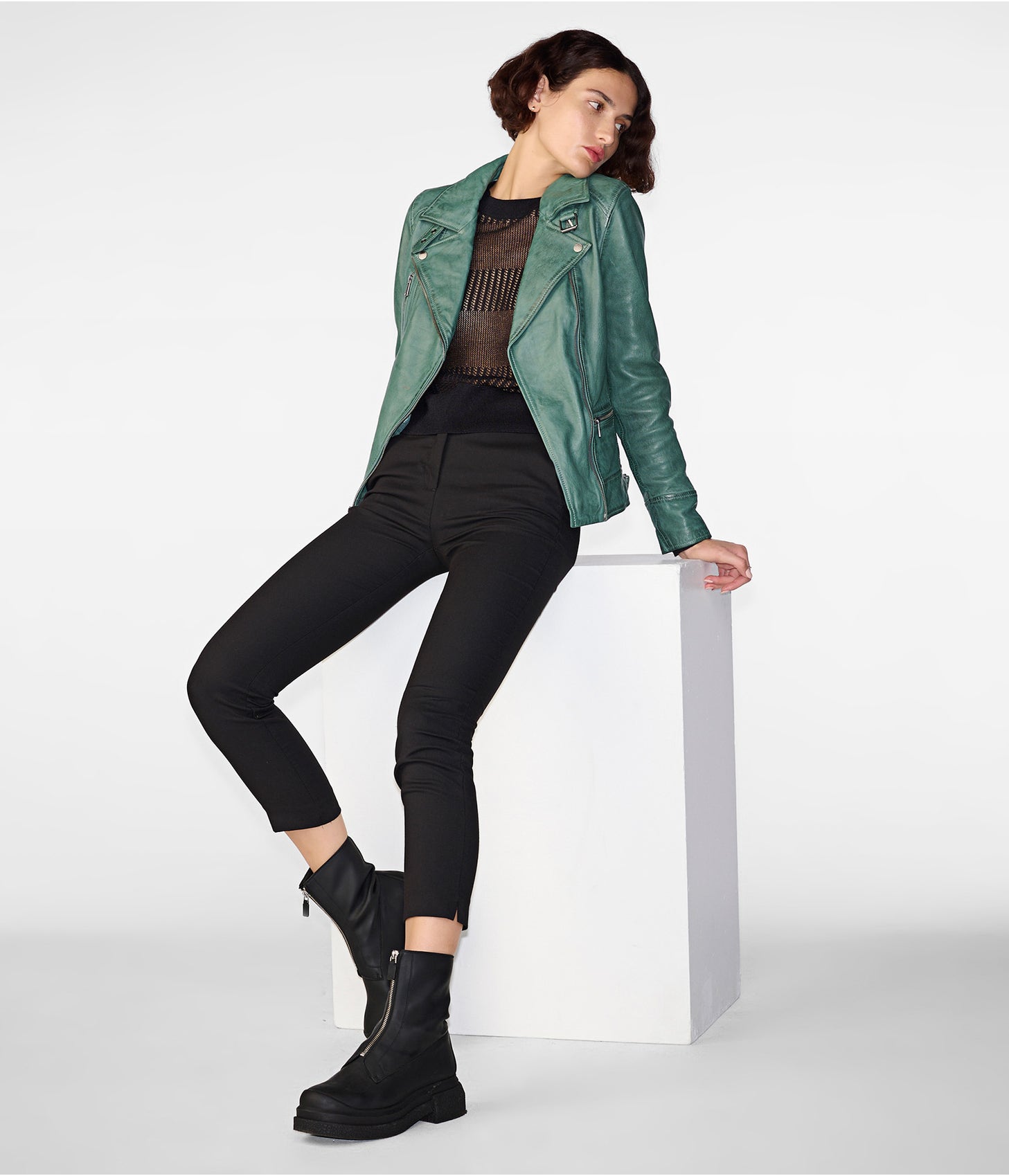 Women’s Distressed Leather Biker Jacket in Sea Green