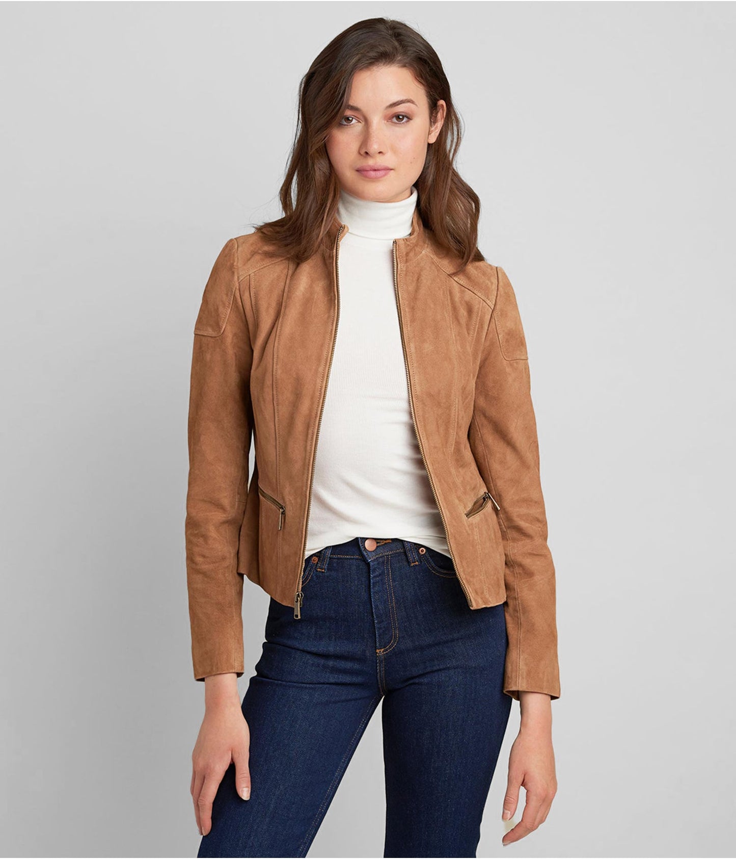 Women's Tan Brown Suede Leather Biker Jacket