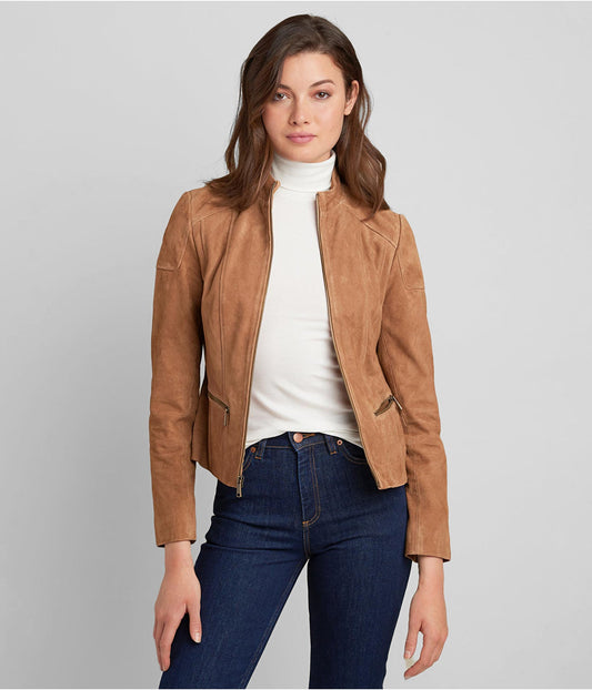 Women's Tan Brown Suede Leather Biker Jacket