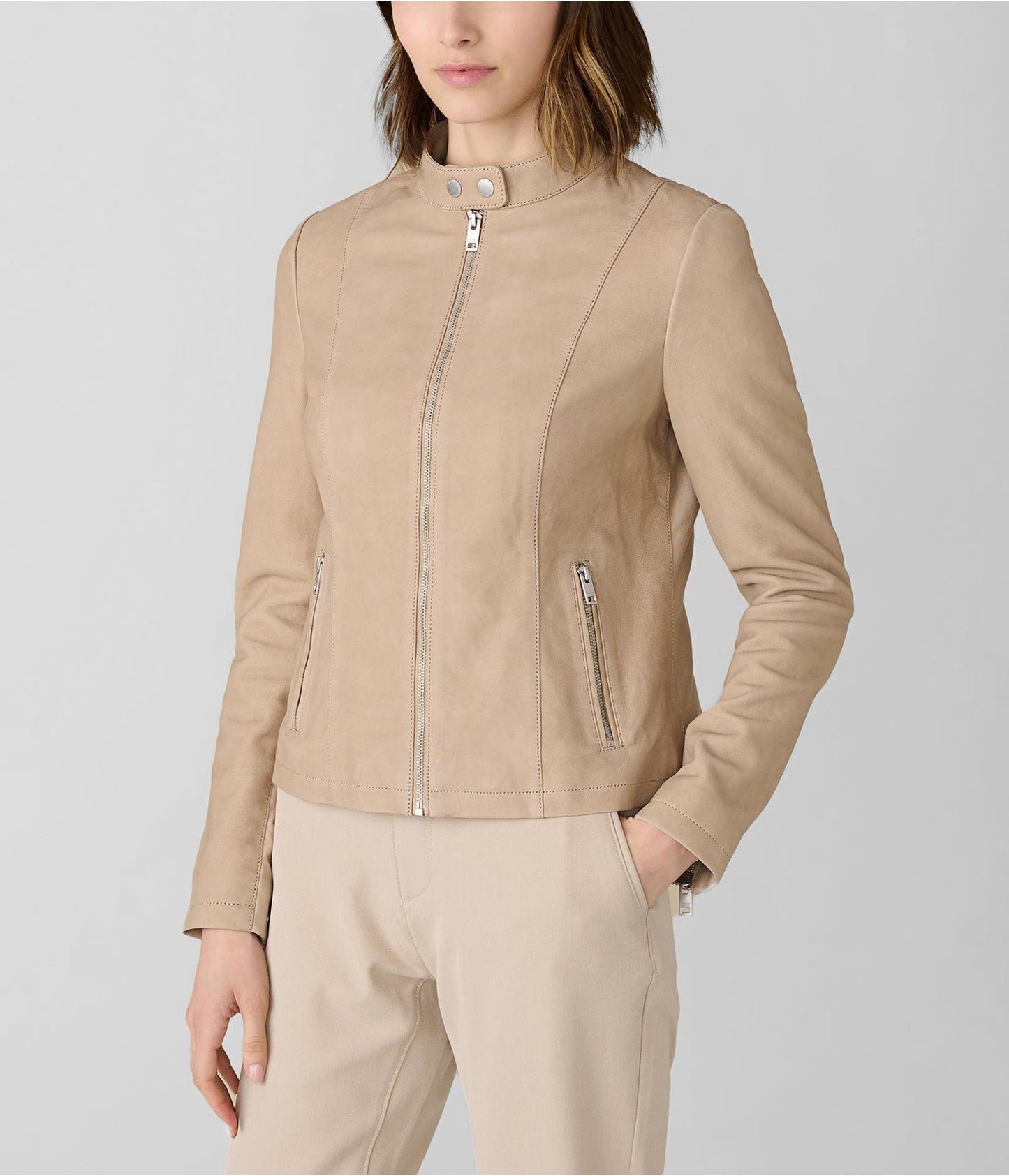 Women's Beige Leather Moto Jacket