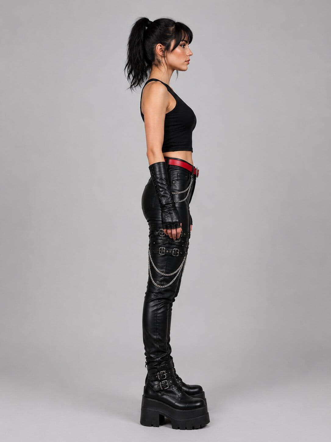 Women Black Genuine Leather Gothic Pant With Chain And Buckle Detail by avanzar leather