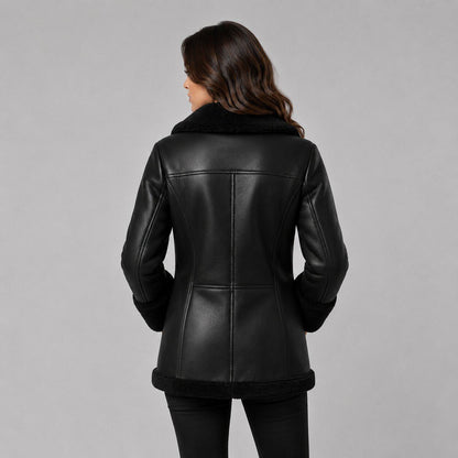 Women Black Leather Coat with Fur Trim Collar – Elegant Appeal back view by avanzar leather