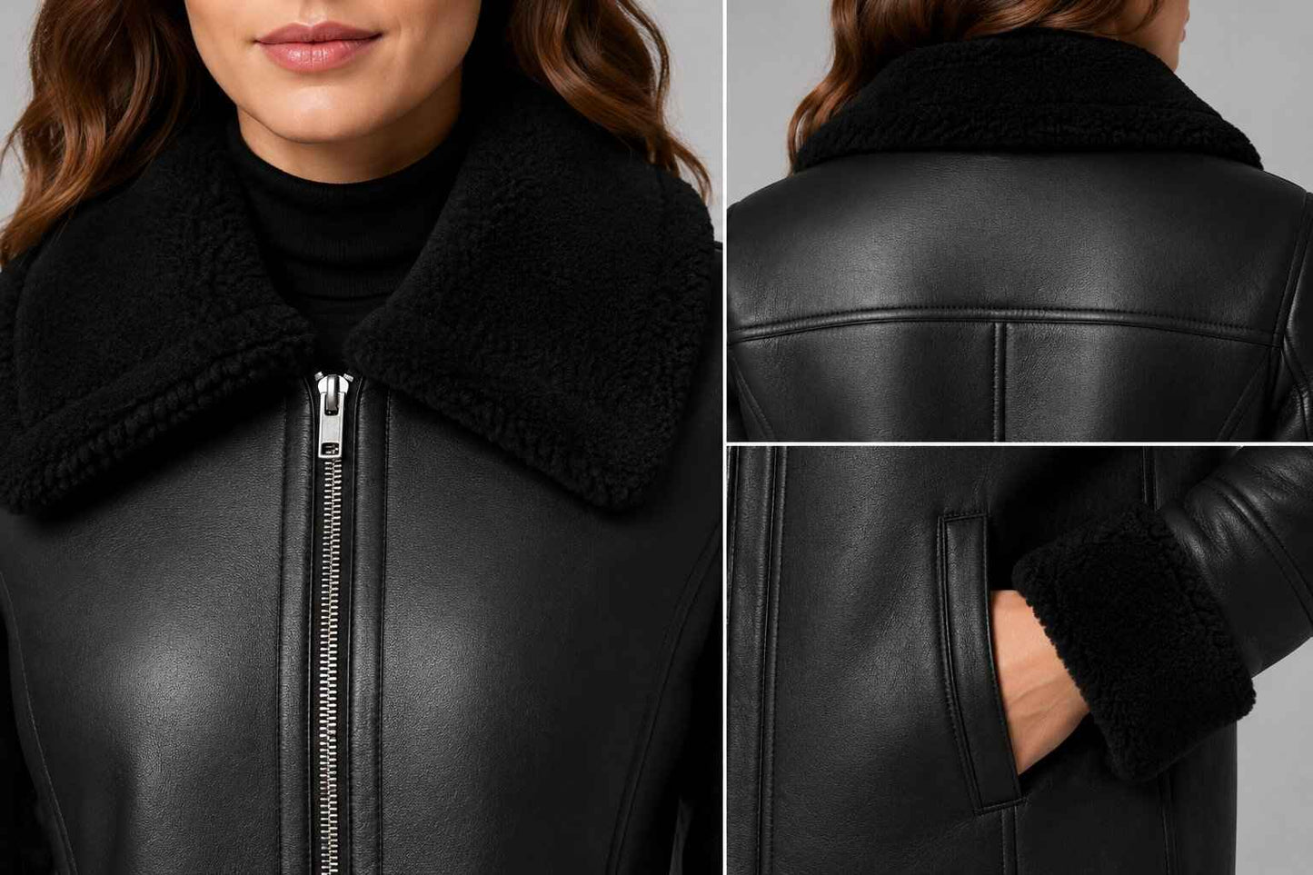 Women Black Leather Coat with Fur Trim Collar – Elegant Appeal closeup view by avanzar leather