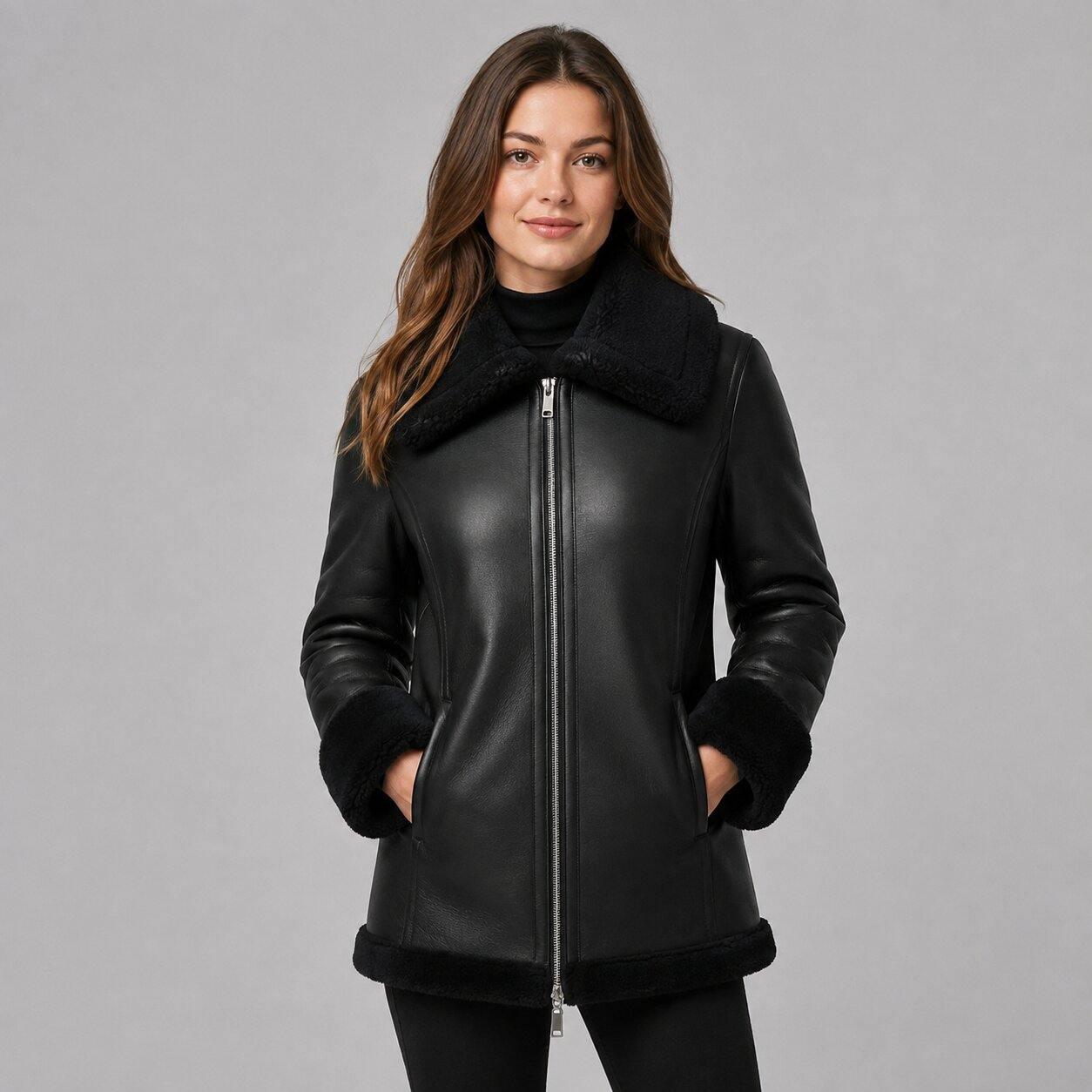 Women Black Leather Coat with Fur Trim Collar – Elegant Appeal front view by avanzar leather