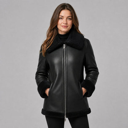 Women Black Leather Coat with Fur Trim Collar – Elegant Appeal front view by avanzar leather