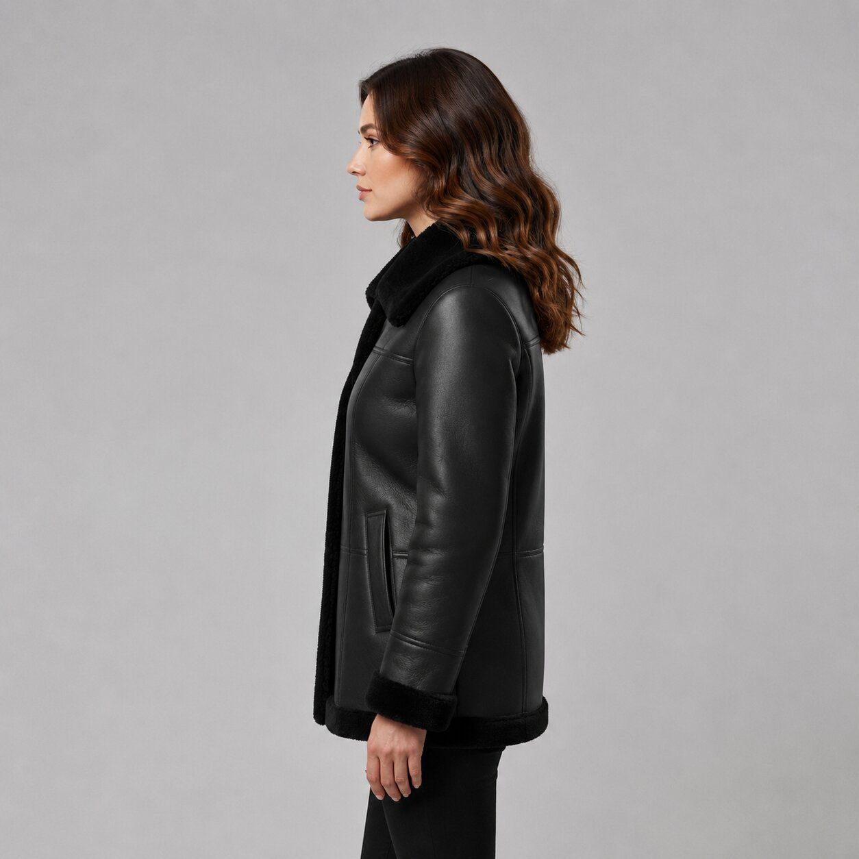 Women Black Leather Coat with Fur Trim Collar – Elegant Appeal sid view by avanzar leather