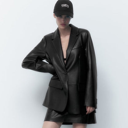 Women Black Oversized Leather Coat Blazer