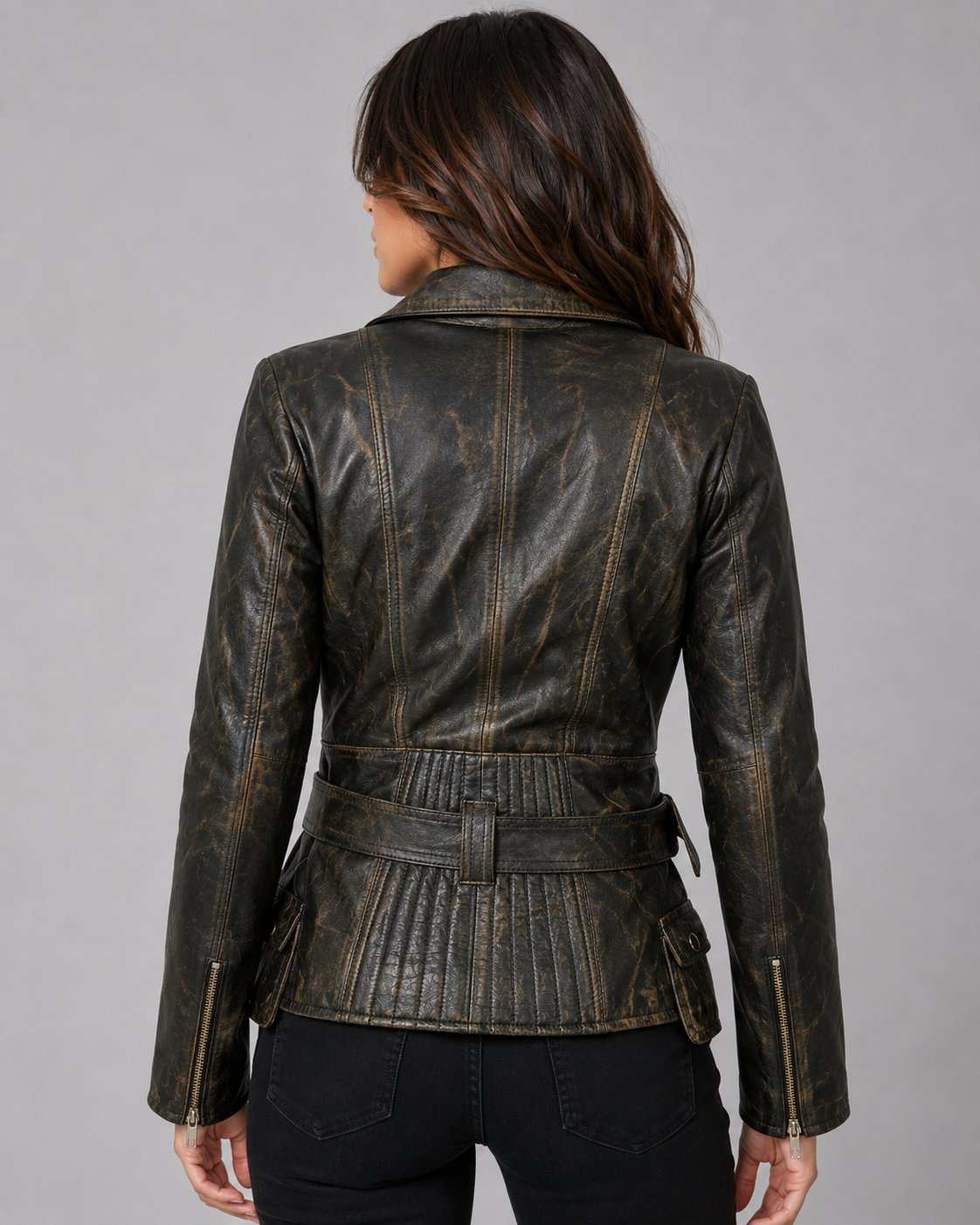 Women Brando Distressed Brown Biker Jacket – Vintage Appeal back view by avanzar leather
