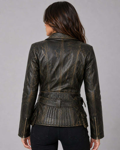 Women Brando Distressed Brown Biker Jacket – Vintage Appeal back view by avanzar leather