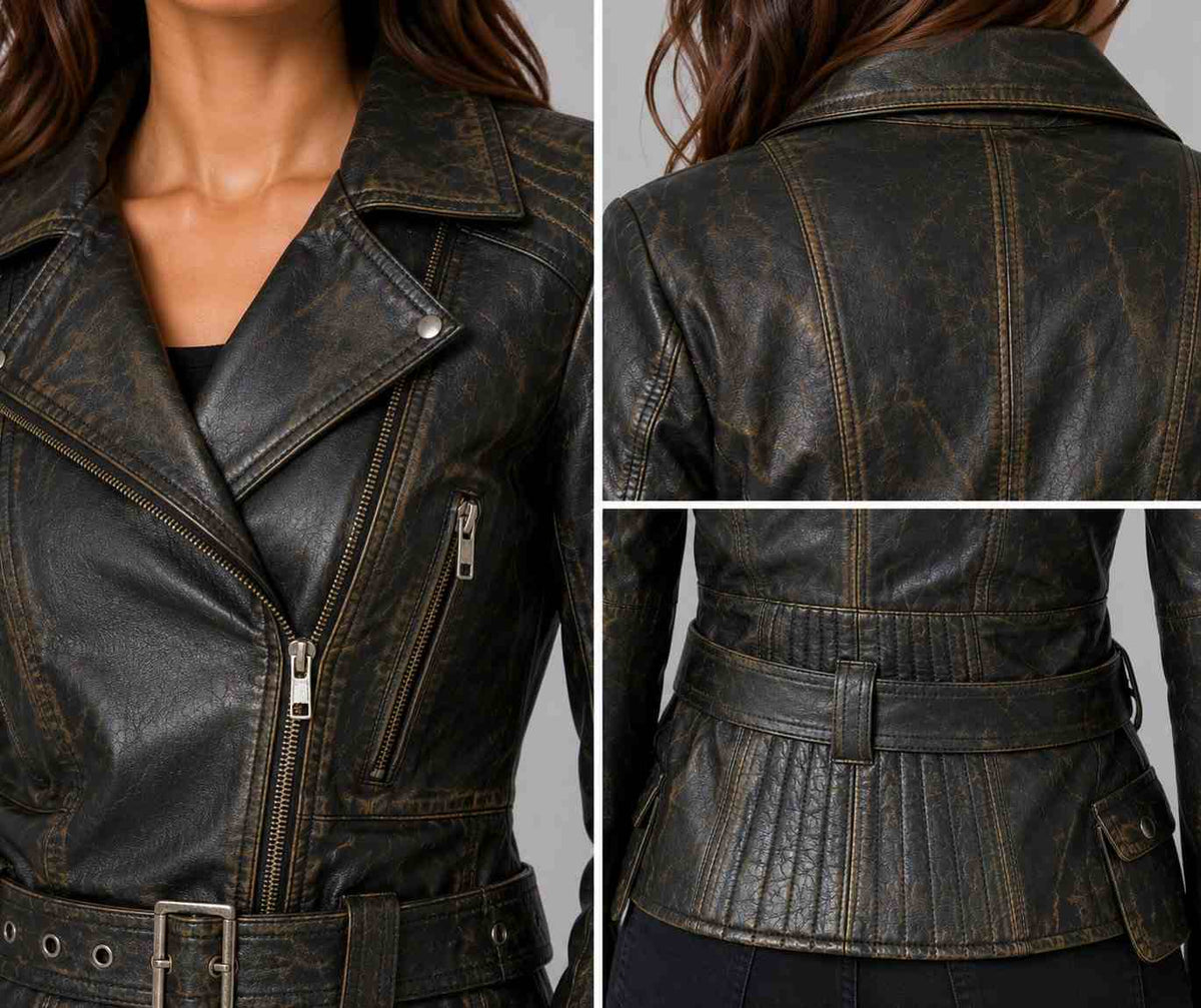 Women Brando Distressed Brown Biker Jacket – Vintage Appeal closeup view by avanzar leather