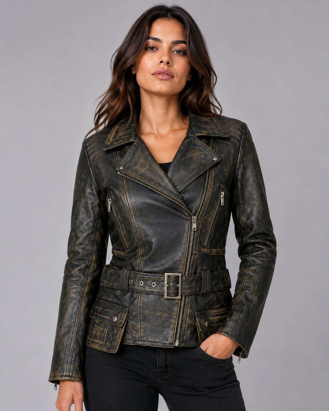 Women Brando Distressed Brown Biker Jacket – Vintage Appeal front view by avanzar leather