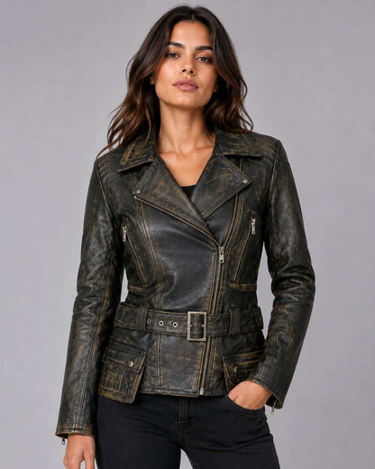 Women Brando Distressed Brown Biker Jacket – Vintage Appeal front view by avanzar leather
