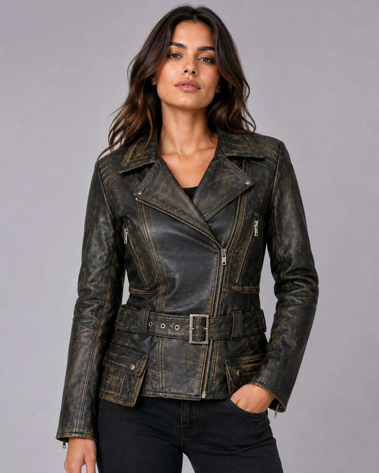Women Brando Distressed Brown Biker Jacket – Vintage Appeal front view by avanzar leather