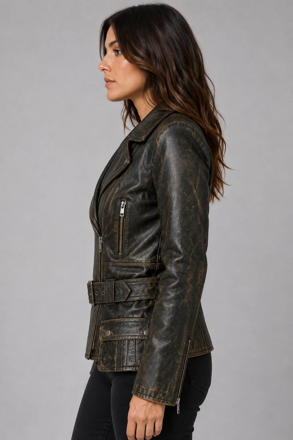 Women Brando Distressed Brown Biker Jacket – Vintage Appeal sid view by avanzar leather