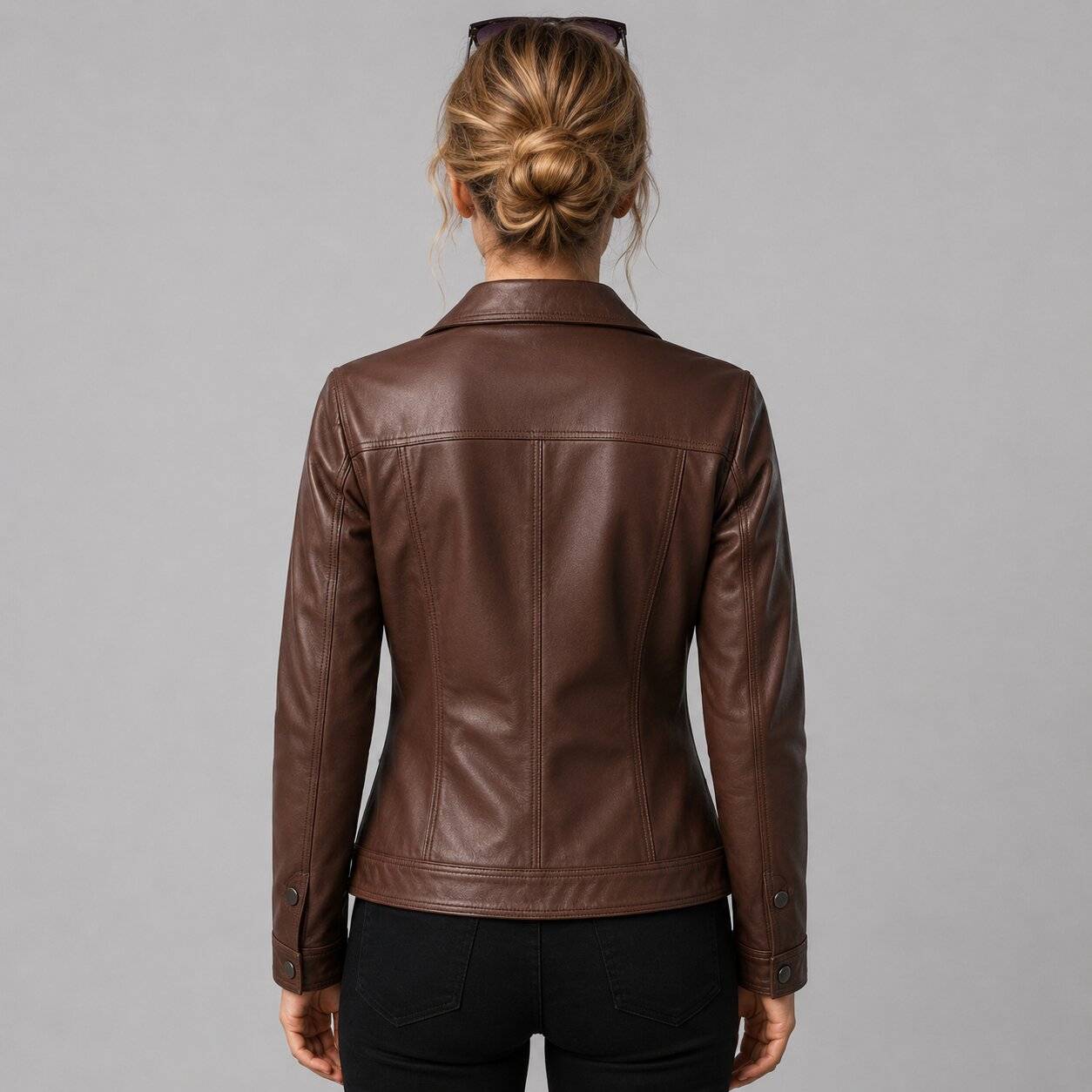 Women Brown Leather Full Zip Trucker Jacket – Classic Appeal back view by avanzar leather
