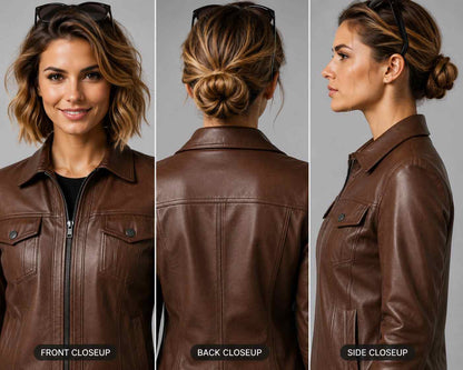 Women Brown Leather Full Zip Trucker Jacket – Classic Appeal closeup view by avanzar leather