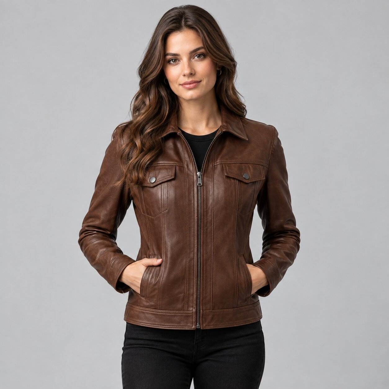 Women Brown Leather Full Zip Trucker Jacket – Classic Appeal front view by avanzar leather