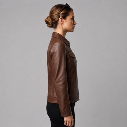 Women Brown Leather Full Zip Trucker Jacket – Classic Appeal sid view by avanzar leather