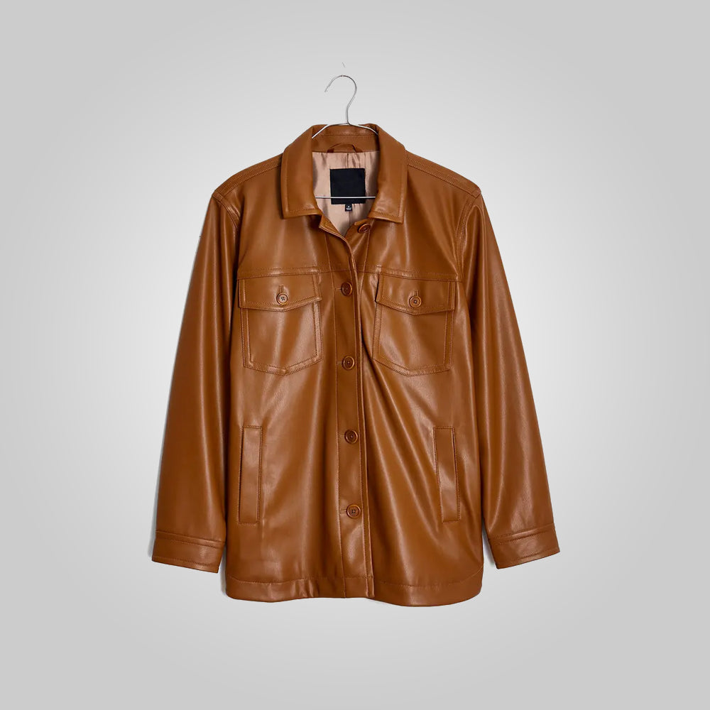 Women’s Brown Leather Shirt Jacket