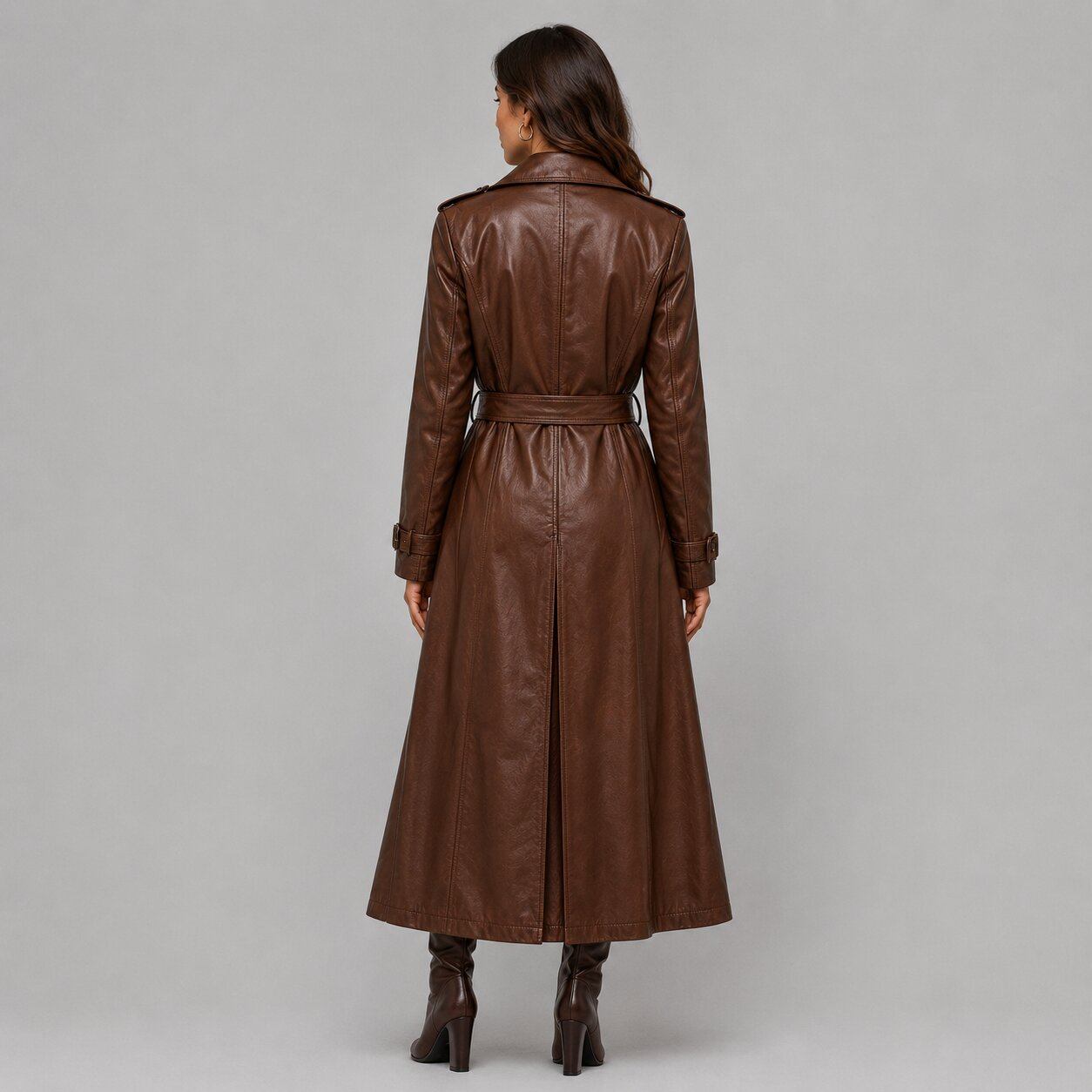 Women Brown Leather Trench Coat – Timeless Sophistication back view by avanzar leather