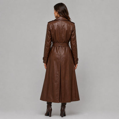 Women Brown Leather Trench Coat – Timeless Sophistication back view by avanzar leather