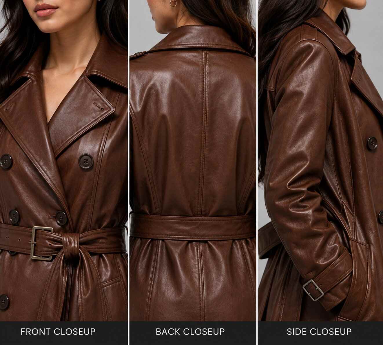 Women Brown Leather Trench Coat – Timeless Sophistication closeup view by avanzar leather