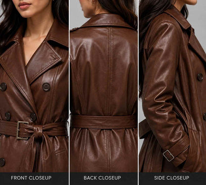 Women Brown Leather Trench Coat – Timeless Sophistication closeup view by avanzar leather