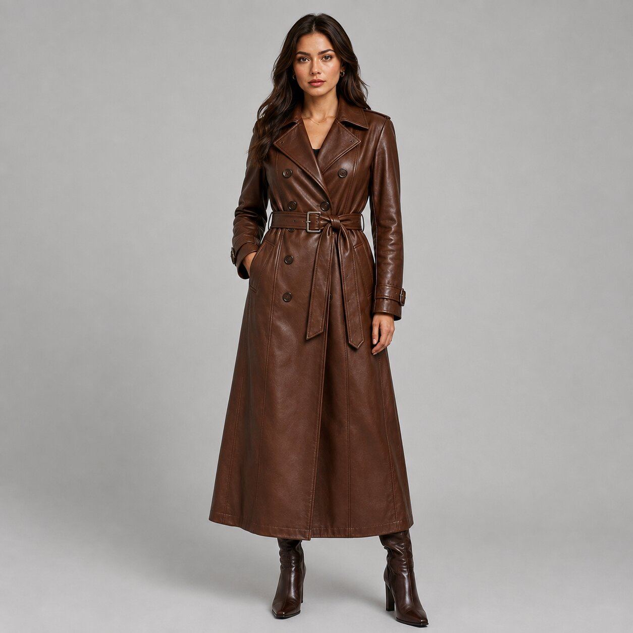 Women Brown Leather Trench Coat – Timeless Sophistication front view by avanzar leather