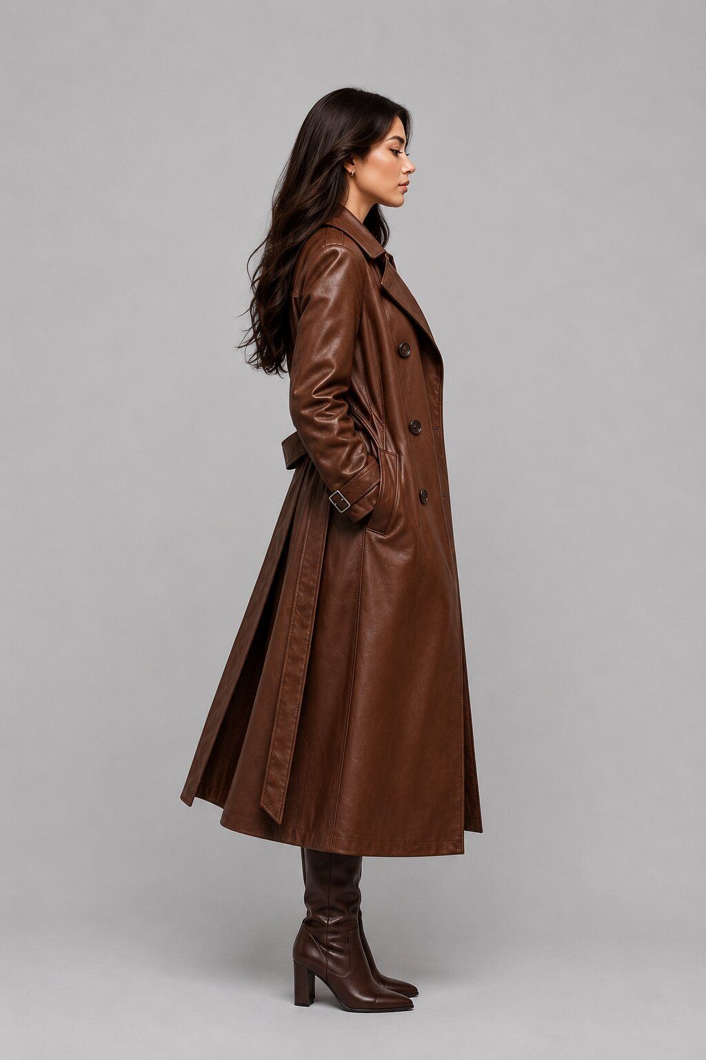 Women Brown Leather Trench Coat – Timeless Sophistication sid view by avanzar leather