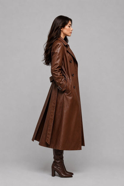 Women Brown Leather Trench Coat – Timeless Sophistication sid view by avanzar leather