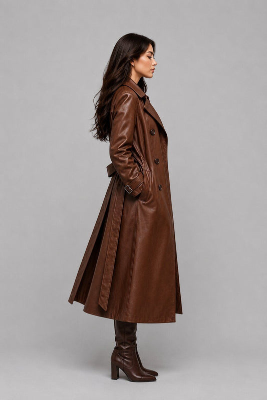 Women Brown Leather Trench Coat – Timeless Sophistication sid view by avanzar leather