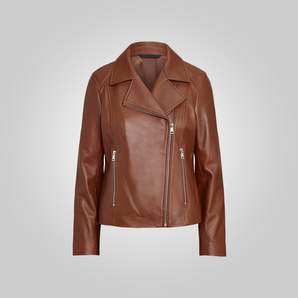 Women’s Brown Moto Lambskin Motorcycle Jacket