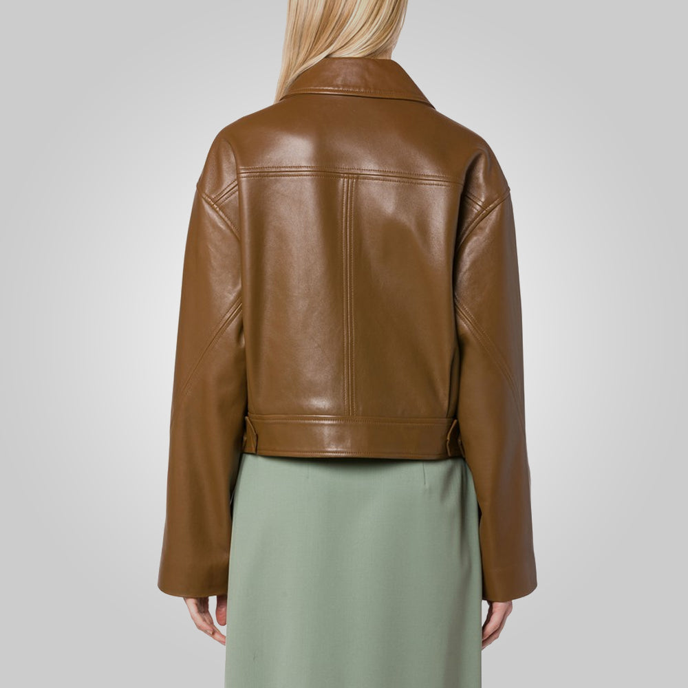 Women’s Brown Pointed Collar Plain Leather Jacket