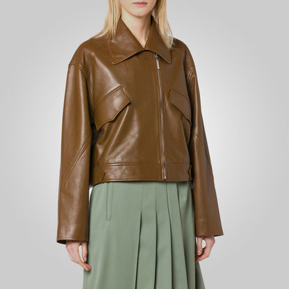 Women’s Brown Pointed Collar Plain Leather Jacket