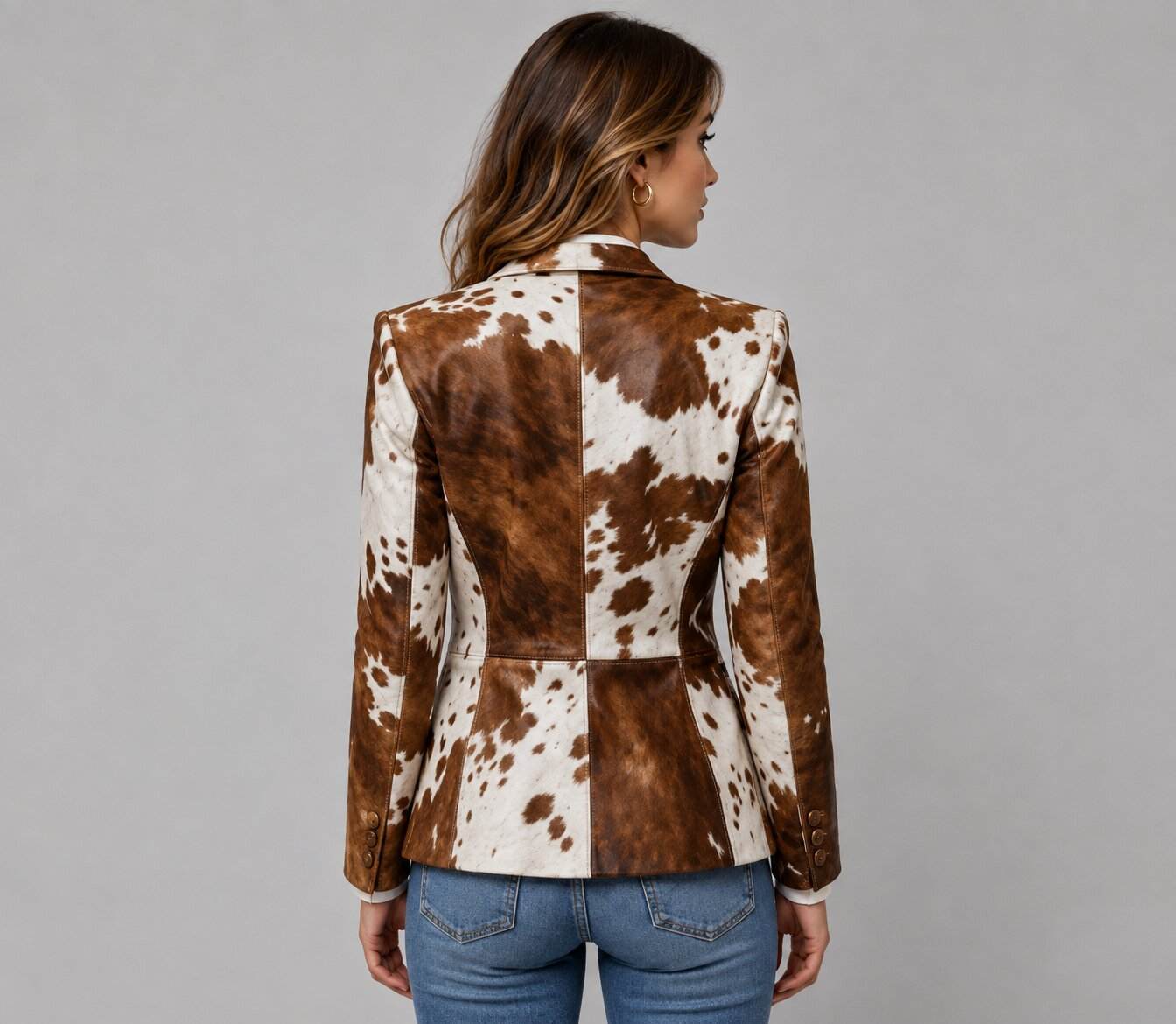Women Cowhide Leather Hair on Hide Western Coat – Rustic Appeal back view by avanzar leather
