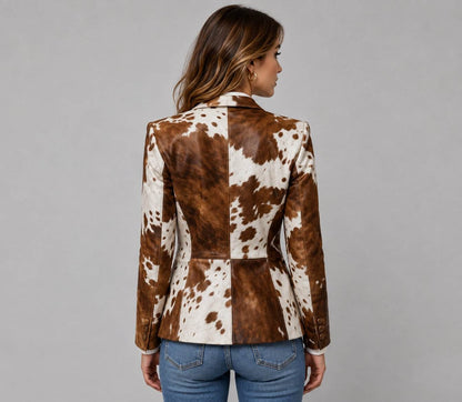 Women Cowhide Leather Hair on Hide Western Coat – Rustic Appeal back view by avanzar leather
