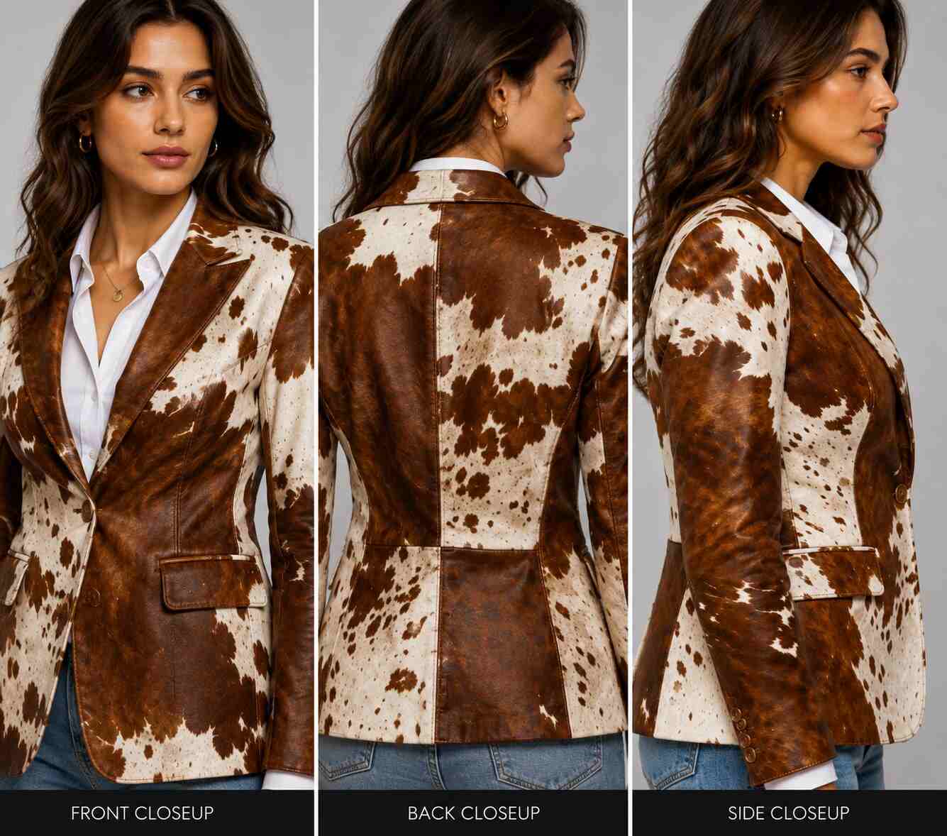 Women Cowhide Leather Hair on Hide Western Coat – Rustic Appeal closeup view by avanzar leather
