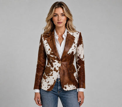 Women Cowhide Leather Hair on Hide Western Coat – Rustic Appeal front view by avanzar leather