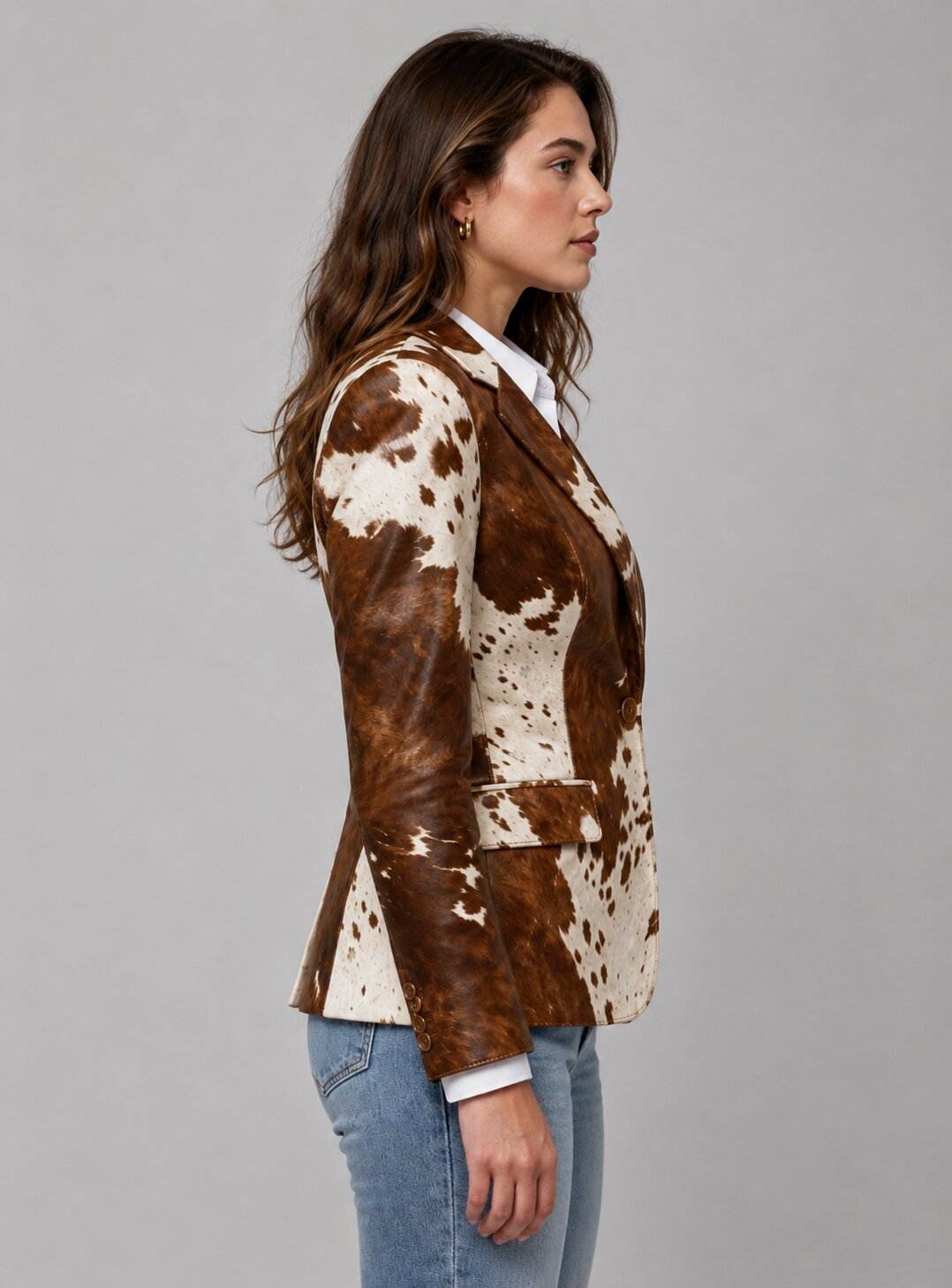 Women Cowhide Leather Hair on Hide Western Coat – Rustic Appeal sid view by avanzar leather