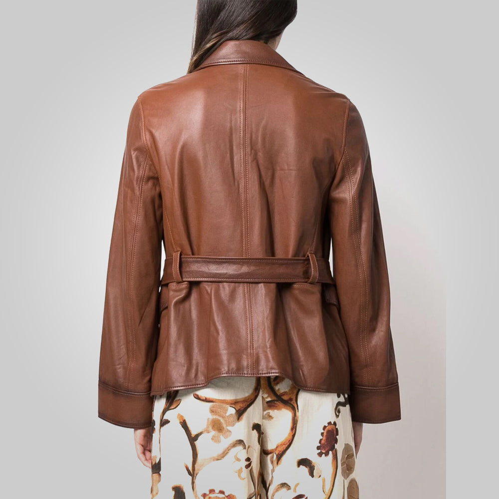 Women’s Goatskin Belted Brown Leather Jacket