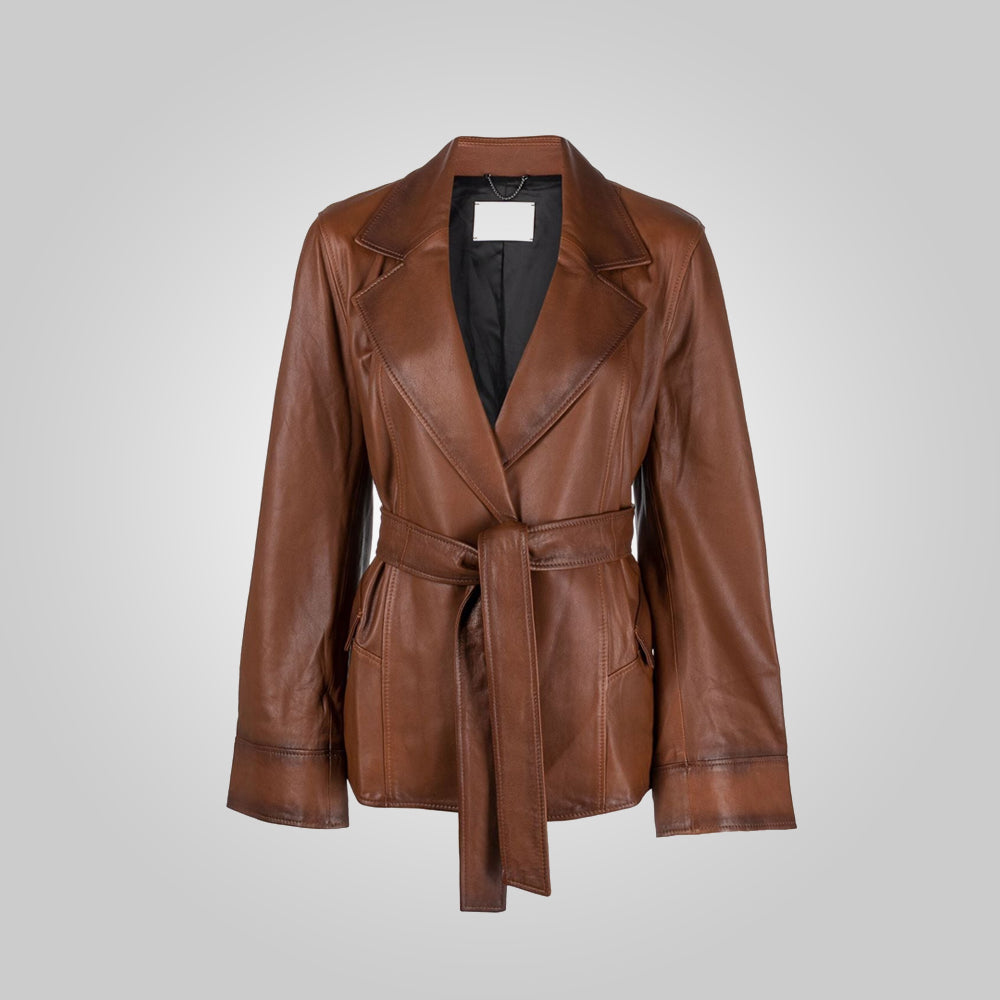 Women’s Goatskin Belted Brown Leather Jacket