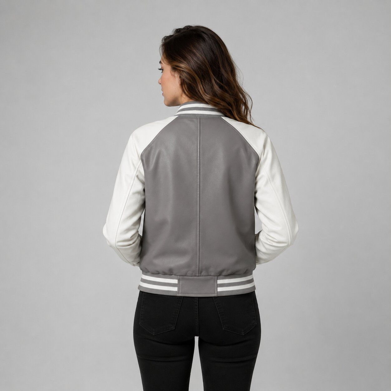 Women Grey Leather Bomber Jacket – Striped Trim Design back view by avanzar leather