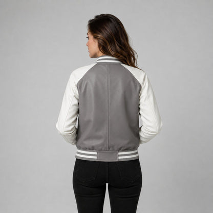 Women Grey Leather Bomber Jacket – Striped Trim Design back view by avanzar leather