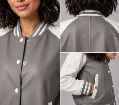 Women Grey Leather Bomber Jacket – Striped Trim Design closeup view by avanzar leather