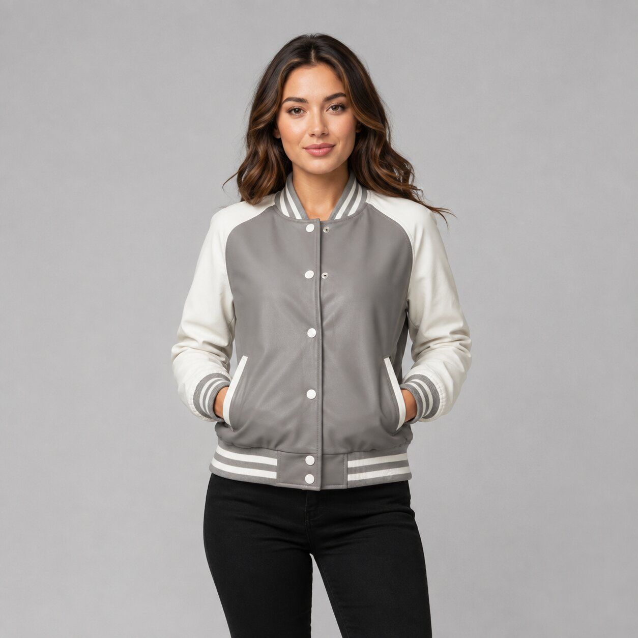 Women Grey Leather Bomber Jacket – Striped Trim Design front view by avanzar leather