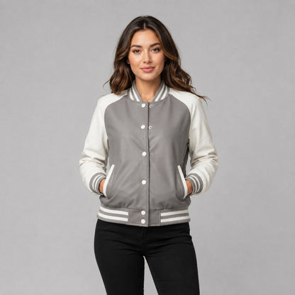Women Grey Leather Bomber Jacket – Striped Trim Design front view by avanzar leather